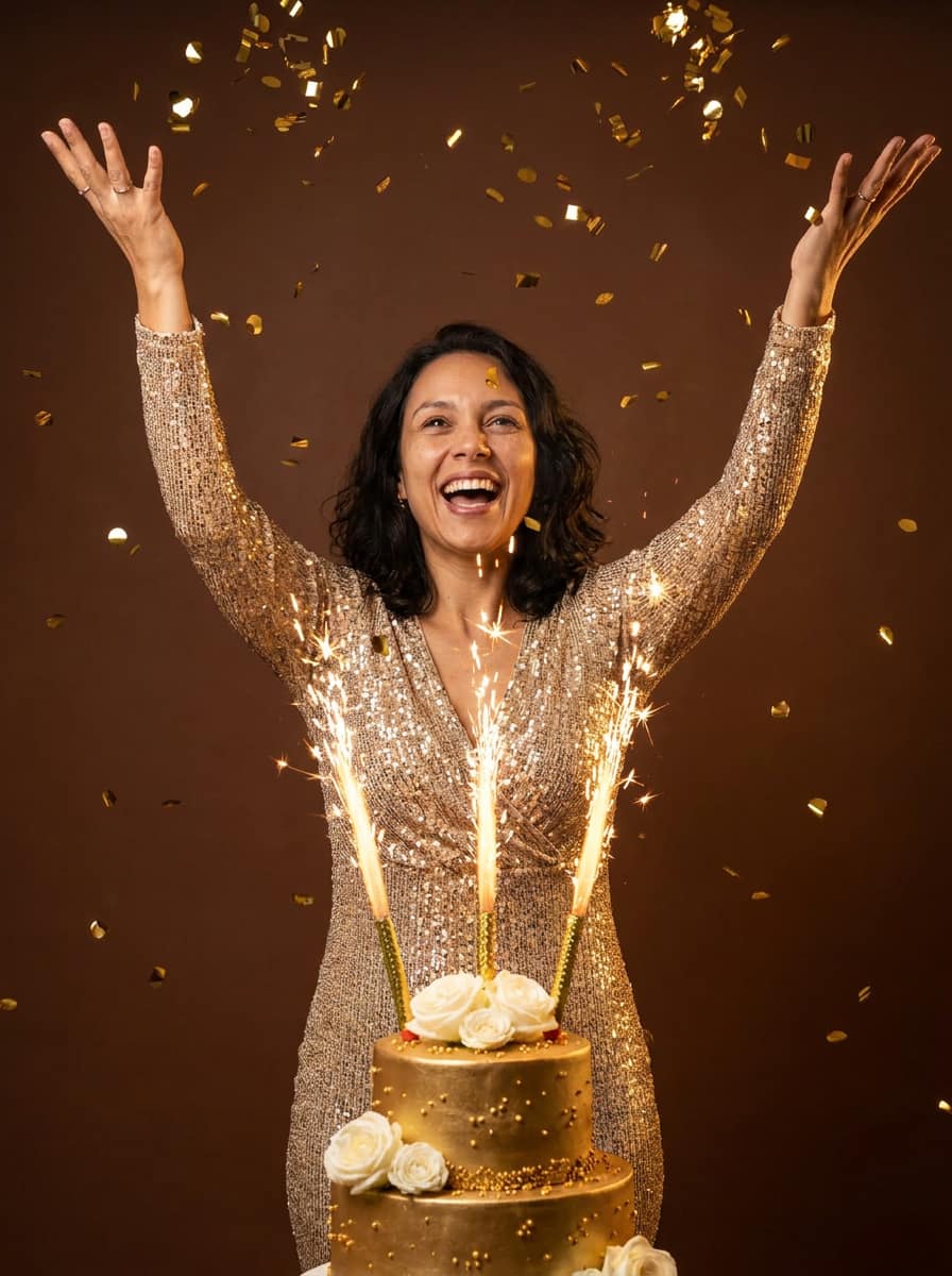 Estilo Vestido dourado e confete no ar